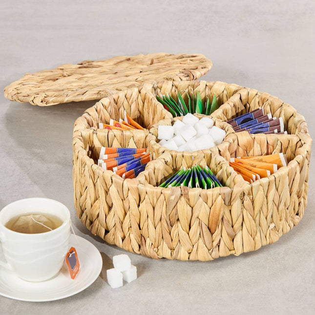 Boîte à thé ronde, 7 compartiments, jacinthe tressée