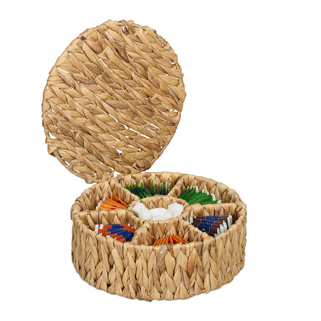 Boîte à thé ronde, 7 compartiments, jacinthe tressée