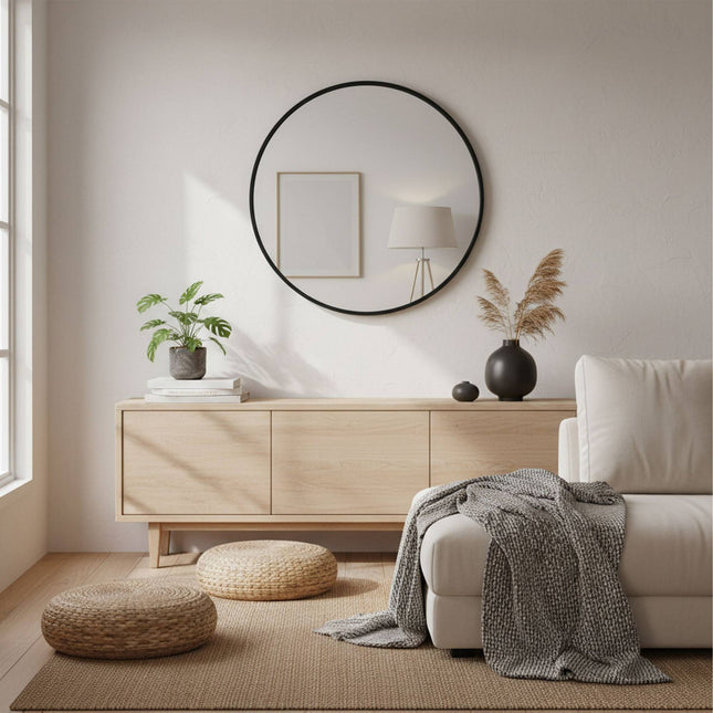 Miroir mural rond, cadre en métal, usage décoratif/coiffeuse