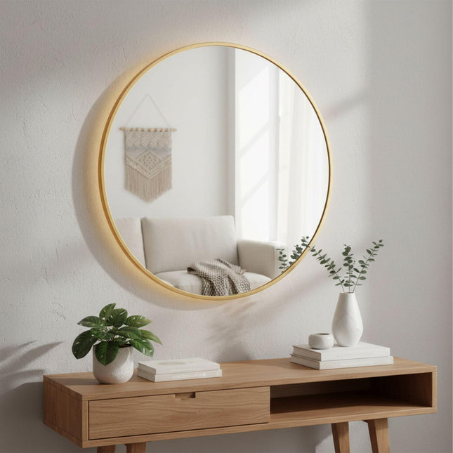 Miroir mural rond, cadre en métal, usage décoratif/coiffeuse