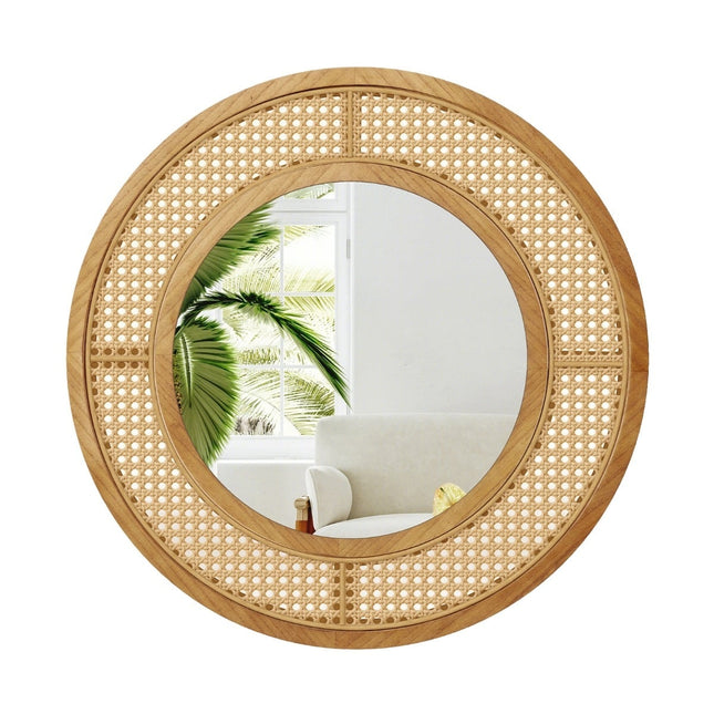 Miroir mural rond, cadre en rotin et bois, diamètre 65 cm