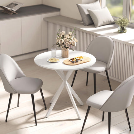 Table de cuisine ronde blanche, 80 cm, plateau aspect bois, pieds en métal