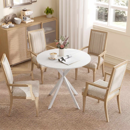 Table de cuisine ronde blanche, 80 cm, plateau aspect bois, pieds en métal