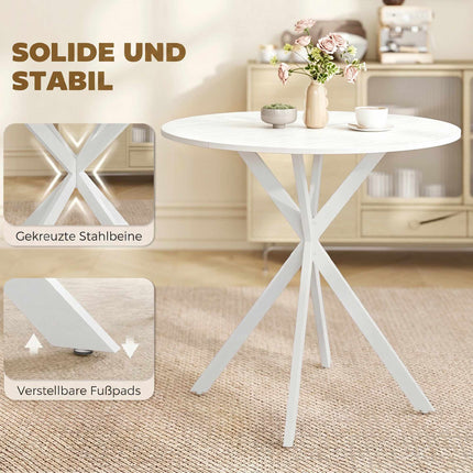 Table de cuisine ronde blanche, 80 cm, plateau aspect bois, pieds en métal
