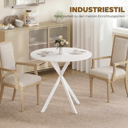Table de cuisine ronde blanche, 80 cm, plateau aspect bois, pieds en métal