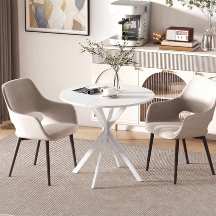 Table de cuisine ronde blanche, 80 cm, plateau aspect bois, pieds en métal