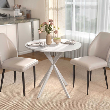 Table de cuisine ronde blanche, 80 cm, plateau aspect bois, pieds en métal