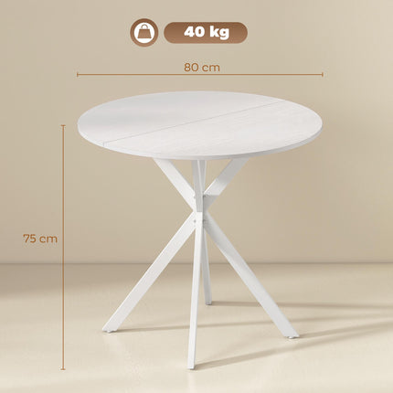 Table de cuisine ronde blanche, 80 cm, plateau aspect bois, pieds en métal