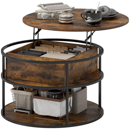 Table basse ronde avec plateau relevable, rangements, étagères latérales, structure en acier, table basse, marron