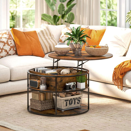 Table basse ronde avec plateau relevable, rangements, étagères latérales, structure en acier, table basse, marron