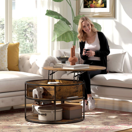 Table basse ronde avec plateau relevable, rangements, étagères latérales, structure en acier, table basse, marron
