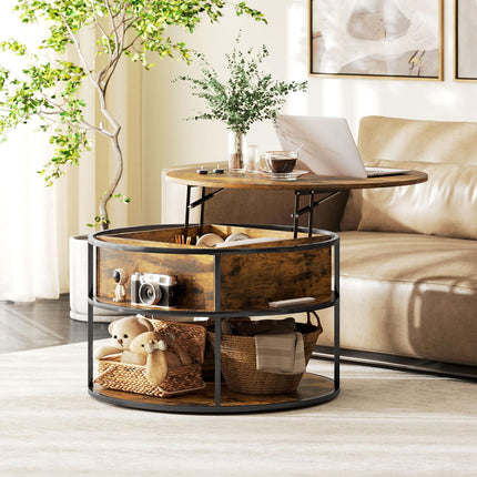 Table basse ronde avec plateau relevable, rangements, étagères latérales, structure en acier, table basse, marron