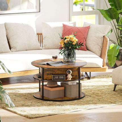 Table basse ronde avec plateau relevable, rangements, étagères latérales, structure en acier, table basse, marron
