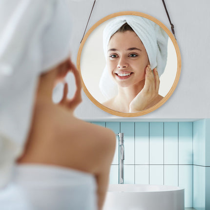 Miroir rond suspendu avec cadre en bambou