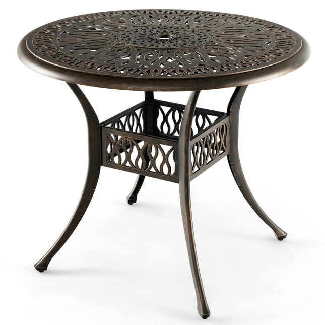 Runder Terrassen-Esstisch Bistrotisch aus Aluminiumguss mit Schirmloch Ø90 x 74 cm braun