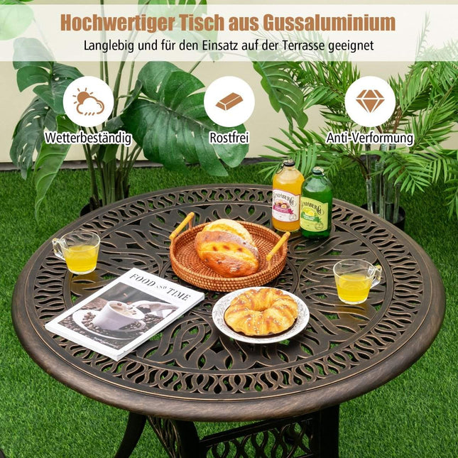 Runder Terrassen-Esstisch Bistrotisch aus Aluminiumguss mit Schirmloch Ø90 x 74 cm braun