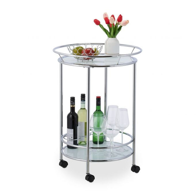 Chariot de service rond en chrome et verre