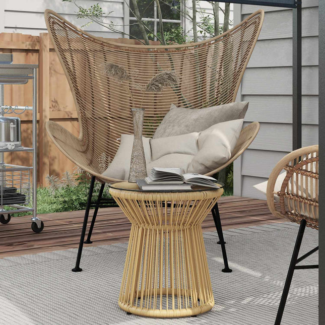Runder Terrassentisch – Glasplatte, Metalltrommel-Design