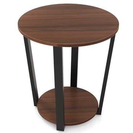 Table d'appoint ronde avec étagère ouverte &amp; Table d'appoint à 2 niveaux avec cadre en métal, table de canapé, noyer
