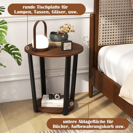Table d'appoint ronde avec étagère ouverte &amp; Table d'appoint à 2 niveaux avec cadre en métal, table de canapé, noyer