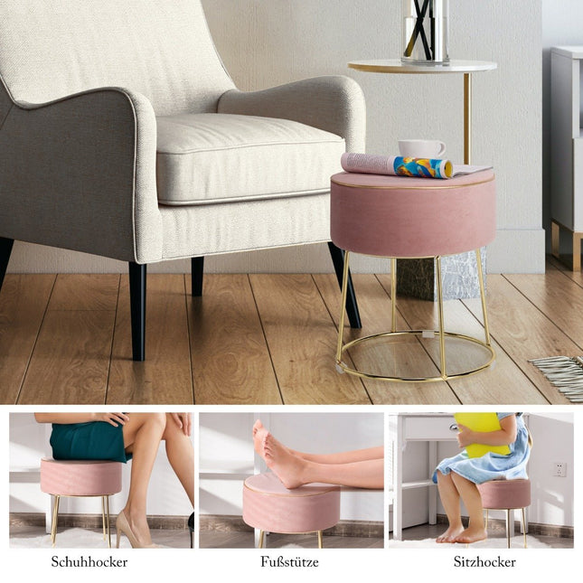 Tabouret rond en velours avec pieds en métal, tabouret de dressing rembourré, peut supporter jusqu'à 150 kg, rose