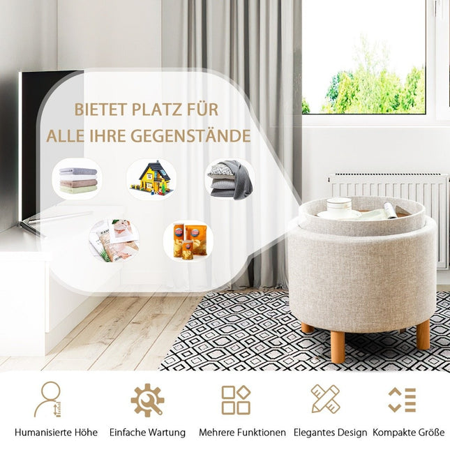 Runder Hocker mit Stauraum &amp; abnehmbarem Deckel belastbar bis 150 kg. Beigefarbener Fußhocker
