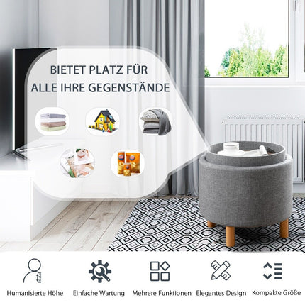 Runder Hocker mit Stauraum &amp; abnehmbarem Deckel belastbar bis 150 kg. Grauer Fußhocker