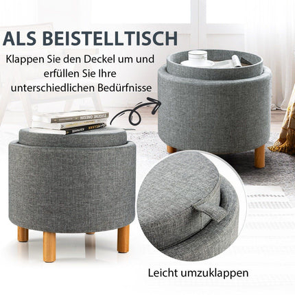 Runder Hocker mit Stauraum &amp; abnehmbarem Deckel belastbar bis 150 kg. Grauer Fußhocker