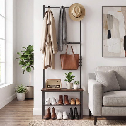 Banc porte-manteau rustique marron avec crochets et rangement à chaussures