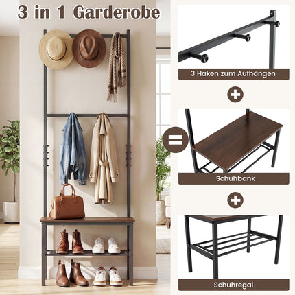Banc porte-manteau rustique marron avec crochets et rangement à chaussures