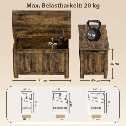 Coffre de rangement rustique en MDF brun avec charnières de sécurité