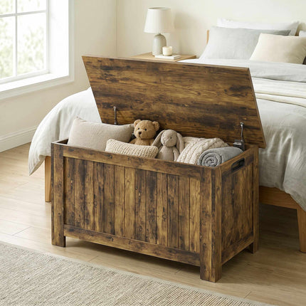 Coffre de rangement rustique en MDF brun avec charnières de sécurité