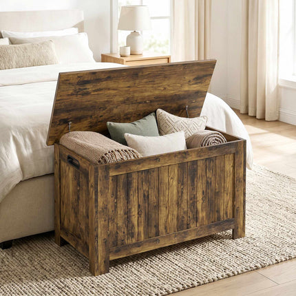 Coffre de rangement rustique en MDF brun avec charnières de sécurité