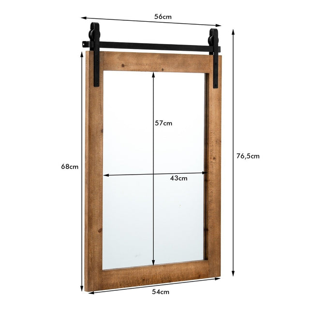 Miroir mural rustique avec cadre en bois et support en métal, 76 x 56 cm