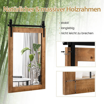 Miroir mural rustique avec cadre en bois et support en métal, 76 x 56 cm