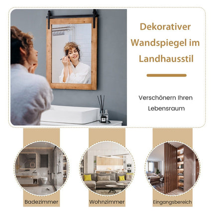 Miroir mural rustique avec cadre en bois et support en métal, 76 x 56 cm