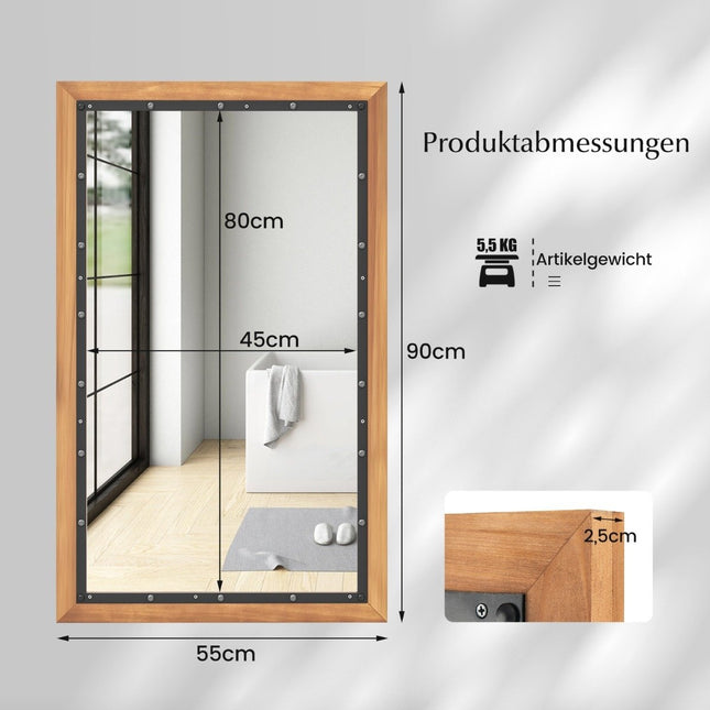 Miroir rustique en bois avec cadre rectangulaire miroir suspendu décoratif 55 x 90 cm naturel