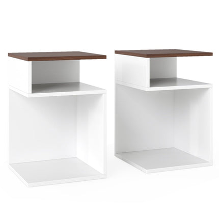 Ensemble de tables d'appoint en forme de S avec 2 étagères ouvertes, blanc/noyer