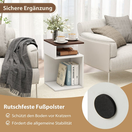 Ensemble de tables d'appoint en forme de S avec 2 étagères ouvertes, blanc/noyer