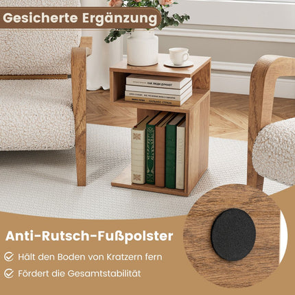 Table d'appoint en forme de S avec 2 étagères ouvertes, en bois naturel