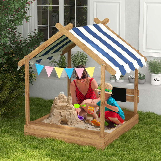 Bac à Sable avec Toit Bac à Sable en Bois avec Siège et Planche pour 3-7 Ans 124x116x146cm Cabane de Jardin Marron