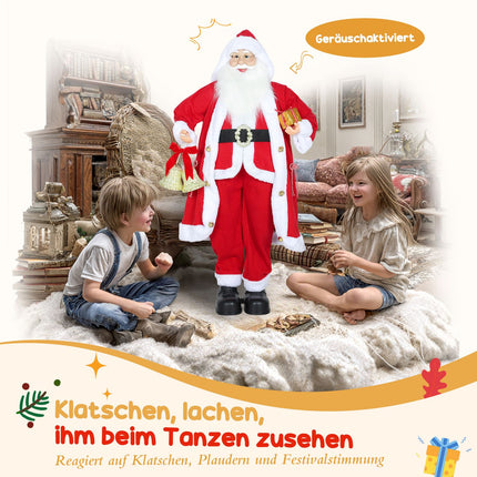 Figurine Père Noël 1,15 m avec cadeau et cloche, usage intérieur