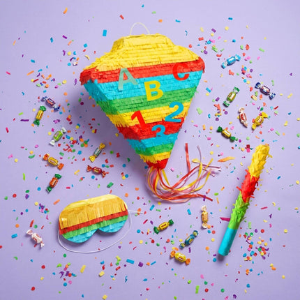 Ensemble piñata cône scolaire - Bâton et bandeau inclus