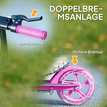 Trottinette pliable pour enfants avec guidon réglable en hauteur, 2 roues lumineuses, frein à main et frein de roue arrière, trottinette pour enfants de 3 à 8 ans, rose Aosom