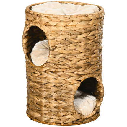 Griffoir 47 Cm Avec Tour Pour Chat À 2 Niveaux Avec Coussin, En Jacinthe D'Eau Et Acier, Marron Clair