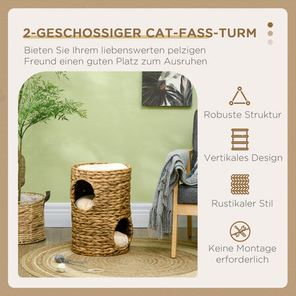 Griffoir 47 Cm Avec Tour Pour Chat À 2 Niveaux Avec Coussin, En Jacinthe D'Eau Et Acier, Marron Clair