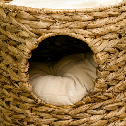 Griffoir 47 Cm Avec Tour Pour Chat À 2 Niveaux Avec Coussin, En Jacinthe D'Eau Et Acier, Marron Clair