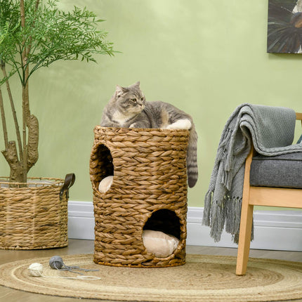 Griffoir 47 Cm Avec Tour Pour Chat À 2 Niveaux Avec Coussin, En Jacinthe D'Eau Et Acier, Marron Clair