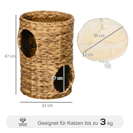 Griffoir 47 Cm Avec Tour Pour Chat À 2 Niveaux Avec Coussin, En Jacinthe D'Eau Et Acier, Marron Clair