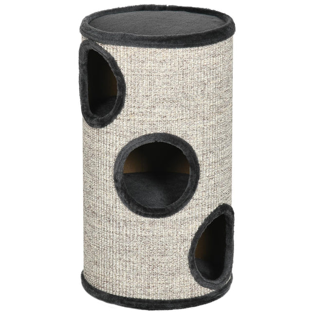 Jeu De Baril À Gratter Et Baril À Gratter Pour Chats Avec 3 Grottes, En Sisal Et Peluche, Gris, Ø38X70Cm